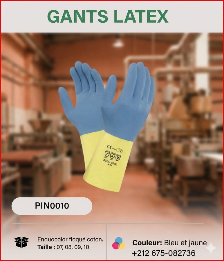 Gants latex Enduocolor floqués coton, tailles 07 à 10 (réf PIN0010)