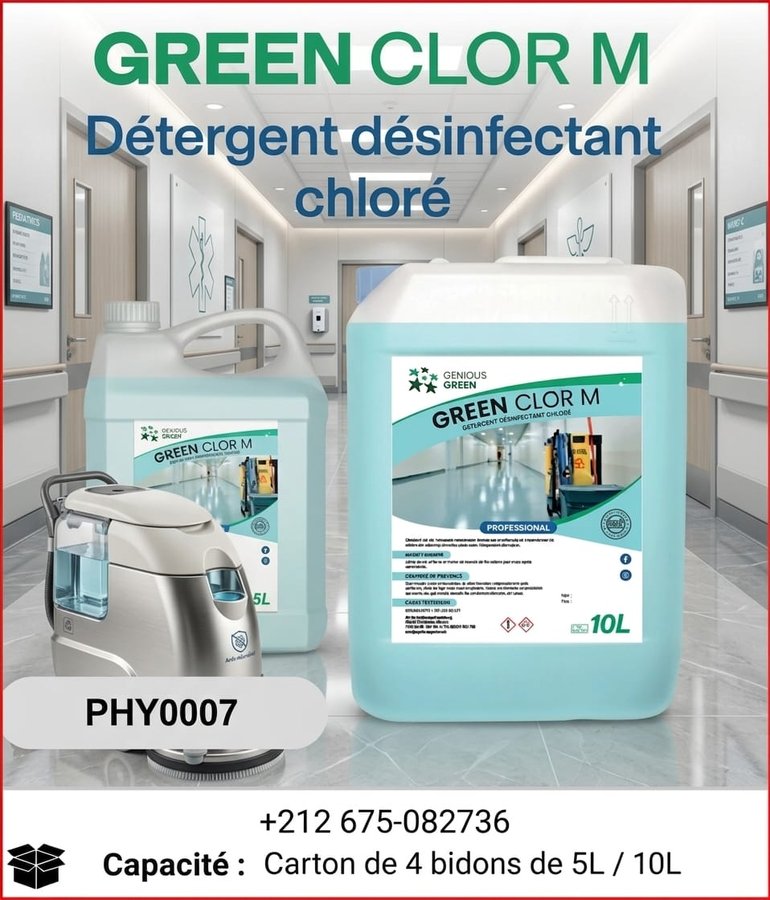 GREEN CLOR M – détergent désinfectant chloré, bidons 5L/10L (réf PHY0007)