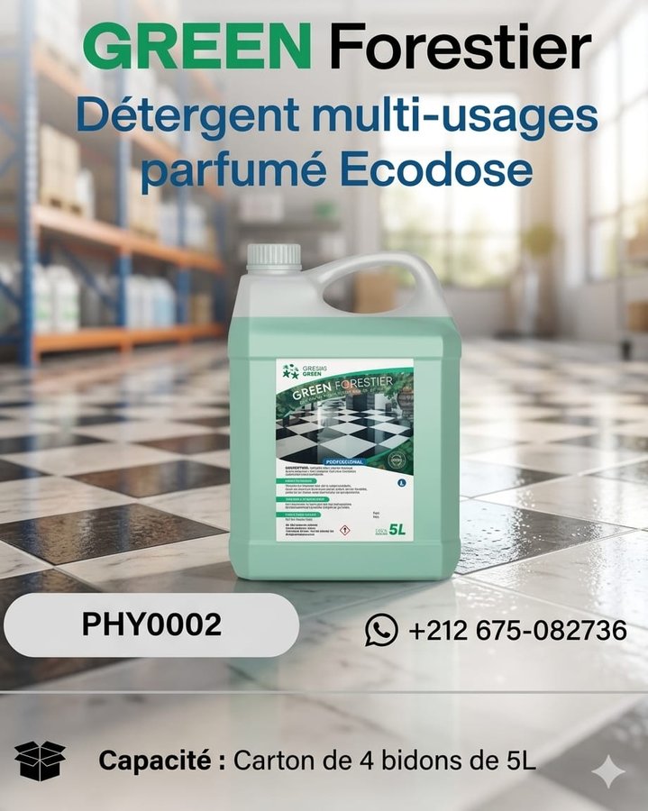 GREEN Forestier – détergent multi-usages parfumé Ecodose, carton de 4 bidons 5L (réf PHY0002)