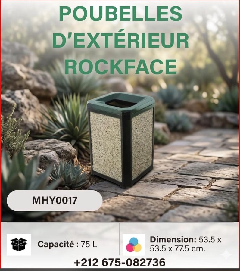 Poubelle d'extérieur Rockface 75L, 53,5 x 53,5 x 77,5 cm (réf MHY0017)
