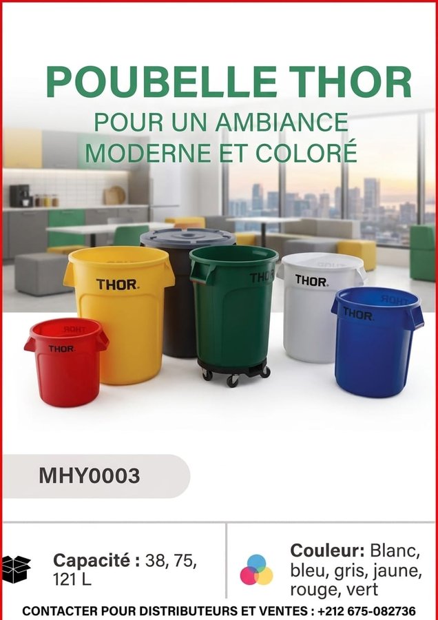 Poubelle THOR 38, 75 et 121L – coloris blanc, bleu, gris, jaune, rouge, vert (réf MHY0003)